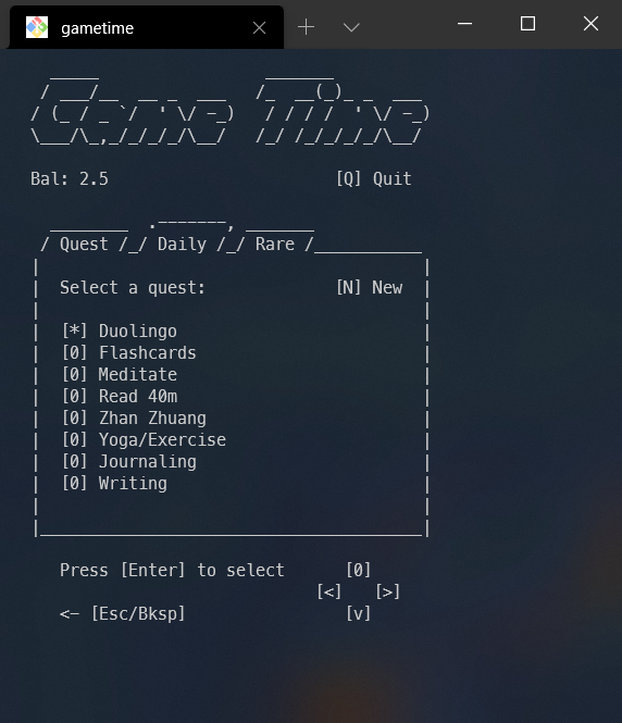 gametime console app menu screen
